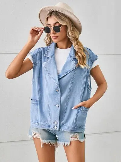 Pocketed Button Up Sleeveless Denim Jacket Trendsi