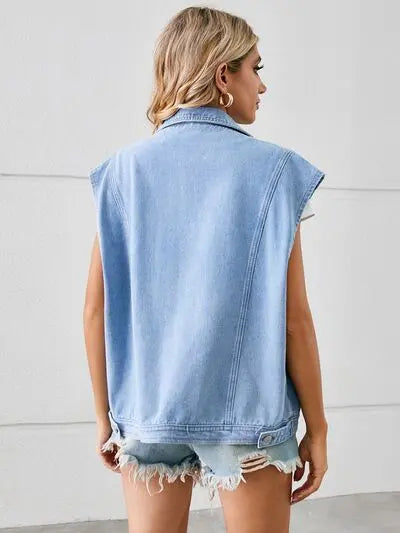 Pocketed Button Up Sleeveless Denim Jacket Trendsi