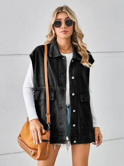 Pocketed Button Up Sleeveless Denim Jacket Trendsi