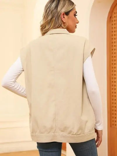 Pocketed Button Up Sleeveless Denim Jacket Trendsi