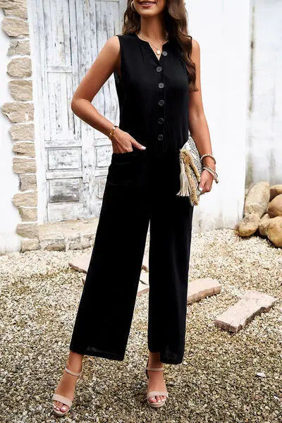 Pocketed Half Button Sleeveless Jumpsuit Trendsi