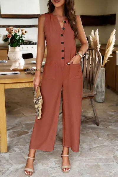 Pocketed Half Button Sleeveless Jumpsuit Trendsi