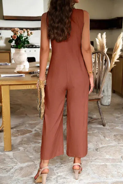 Pocketed Half Button Sleeveless Jumpsuit Trendsi