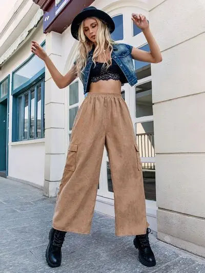 Pocketed Wide Leg Elastic Waist Pants BLUE ZONE PLANET