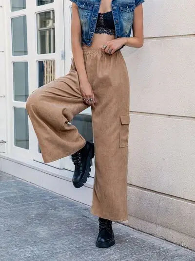 Pocketed Wide Leg Elastic Waist Pants BLUE ZONE PLANET