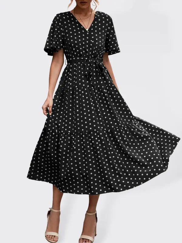 Polka Dot Print Short Sleeve Midi Dress kakaclo