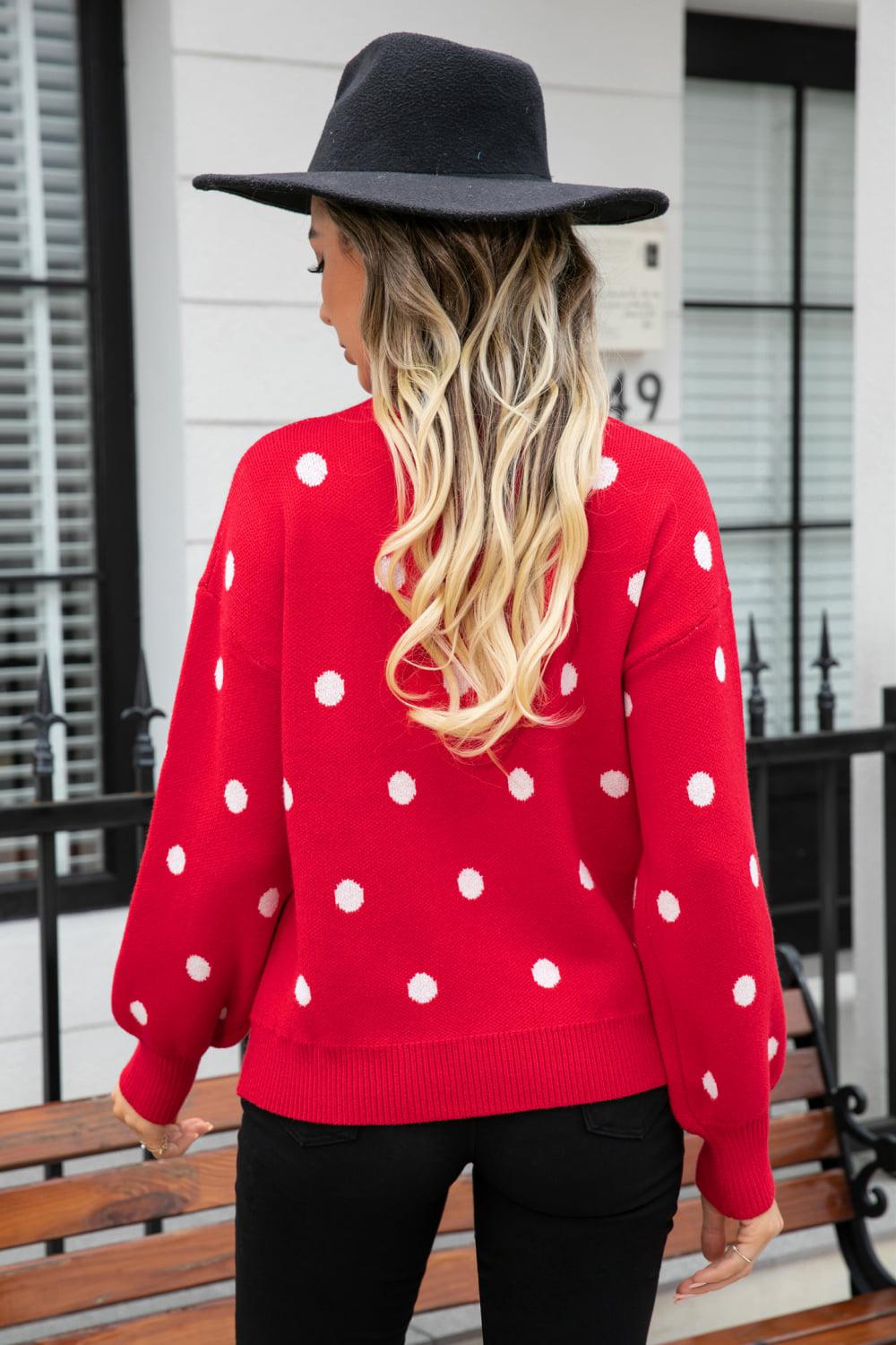 Polka Dot Round Neck Dropped Shoulder Sweater BLUE ZONE PLANET