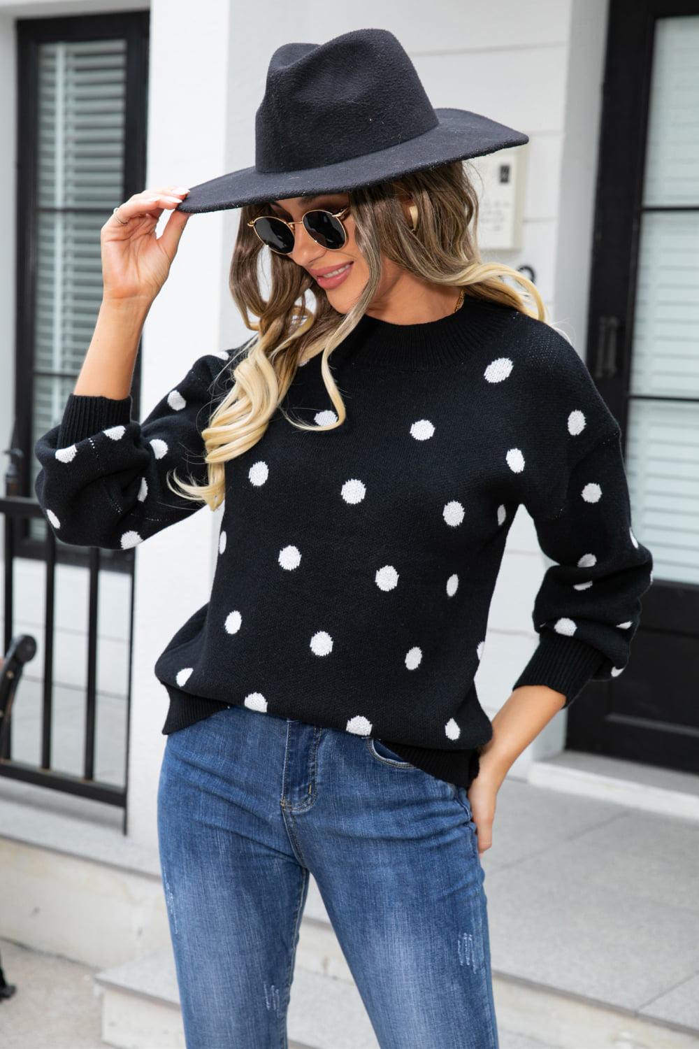 Polka Dot Round Neck Dropped Shoulder Sweater BLUE ZONE PLANET