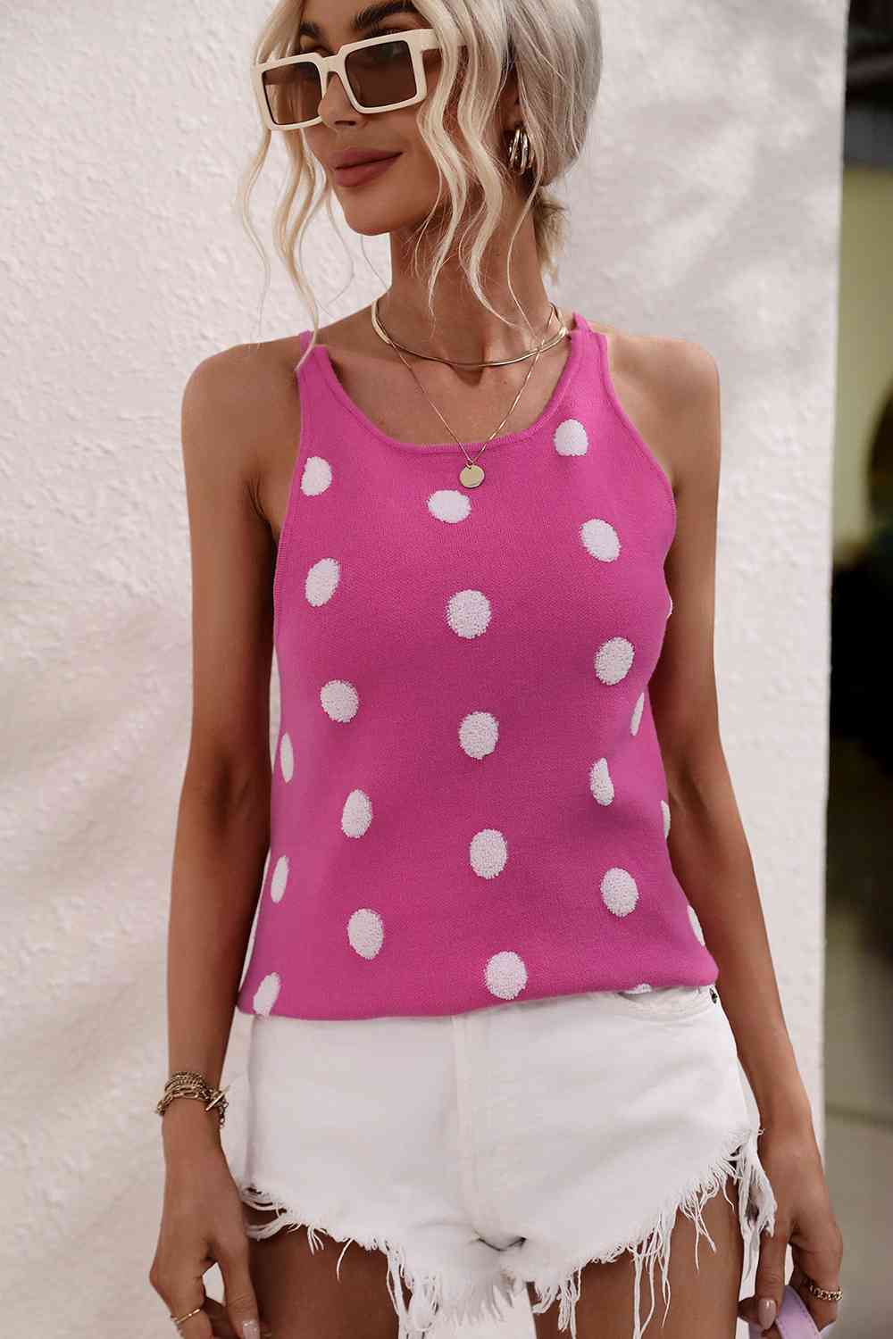 Polka Dot Round Neck Knit Tank BLUE ZONE PLANET