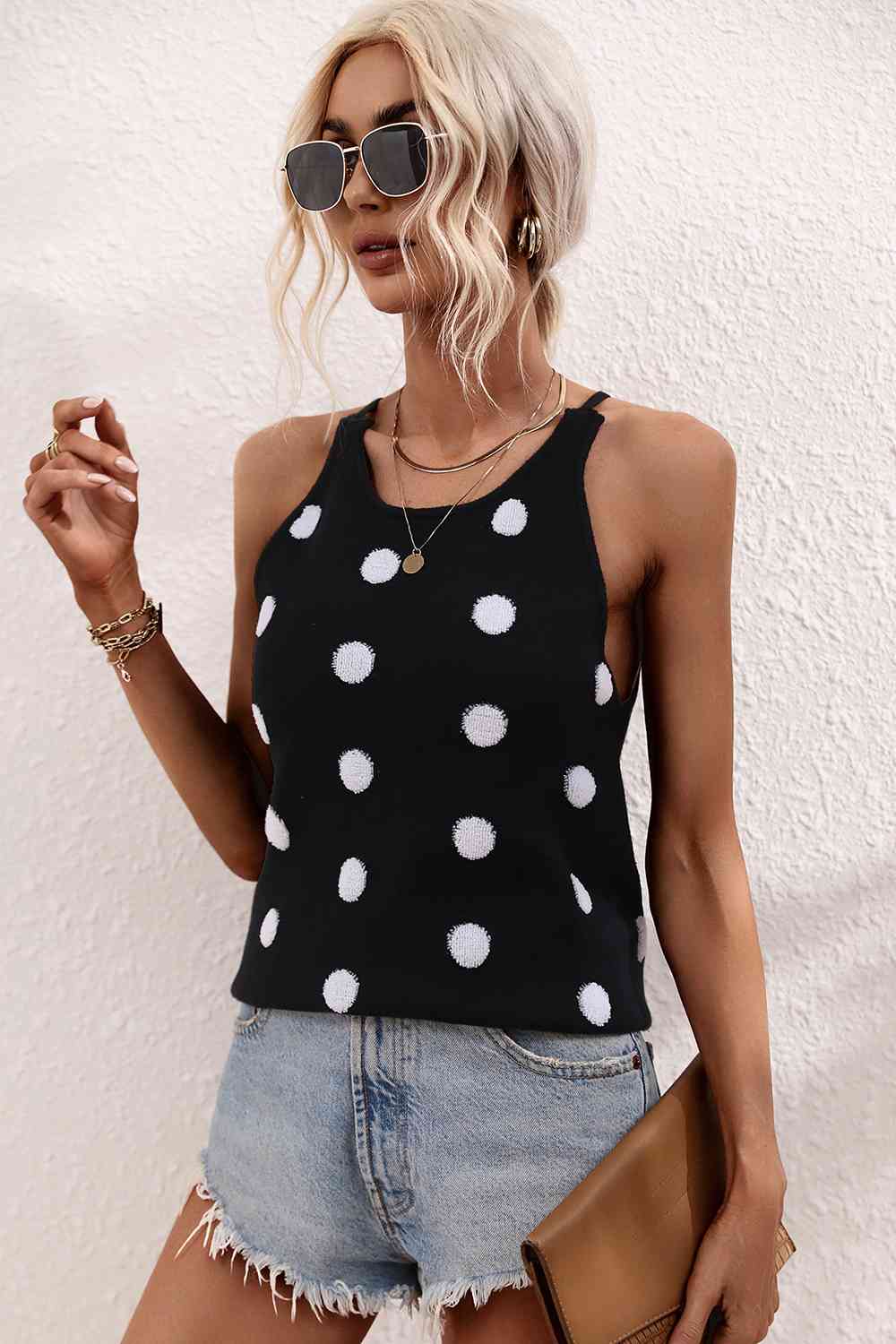 Polka Dot Round Neck Knit Tank BLUE ZONE PLANET