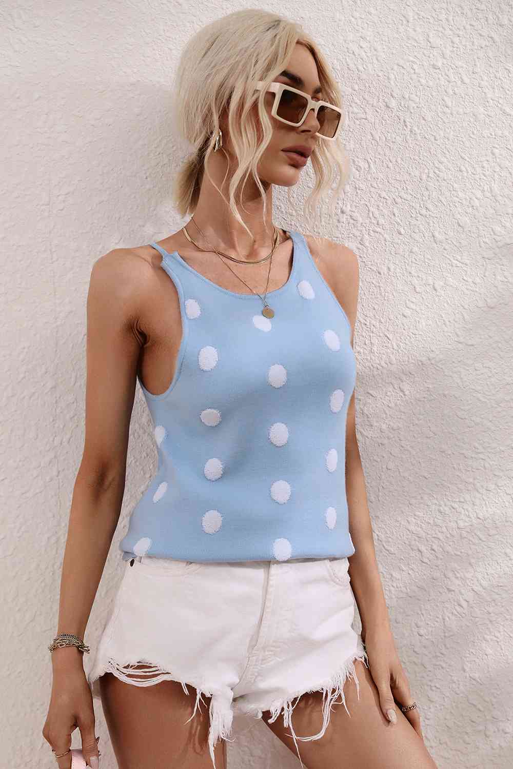 Polka Dot Round Neck Knit Tank BLUE ZONE PLANET