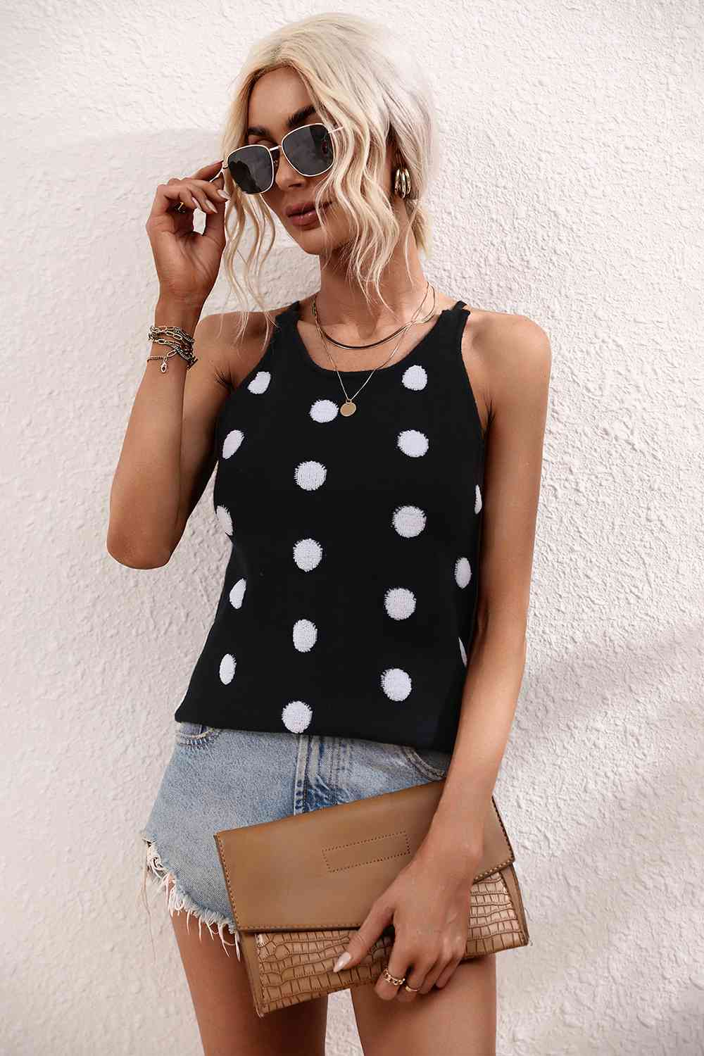 Polka Dot Round Neck Knit Tank BLUE ZONE PLANET