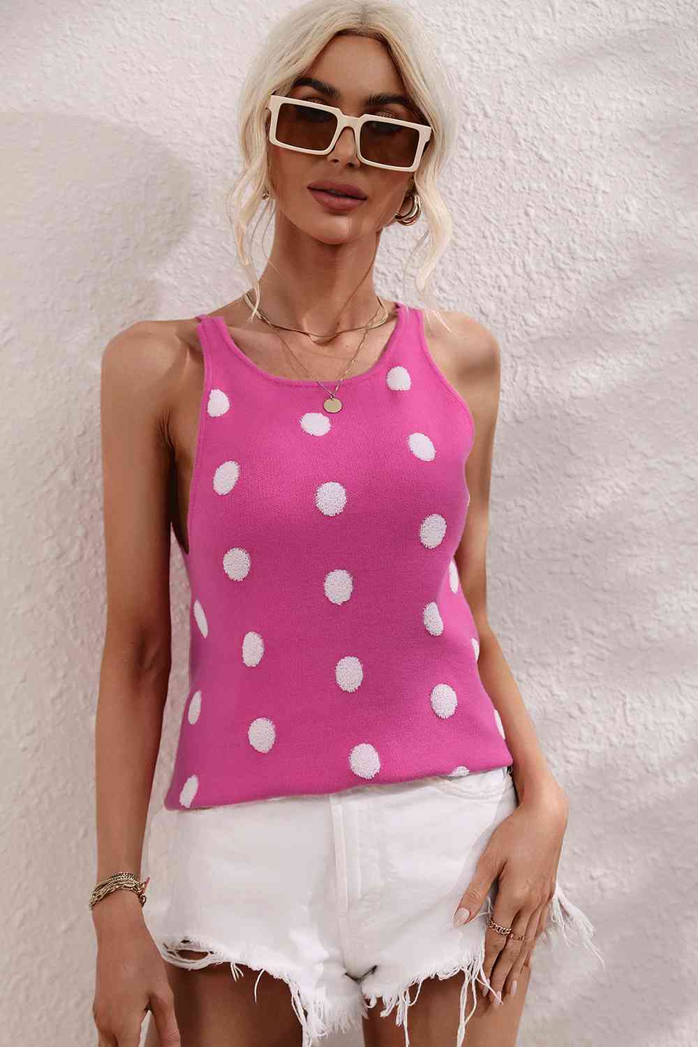 Polka Dot Round Neck Knit Tank BLUE ZONE PLANET