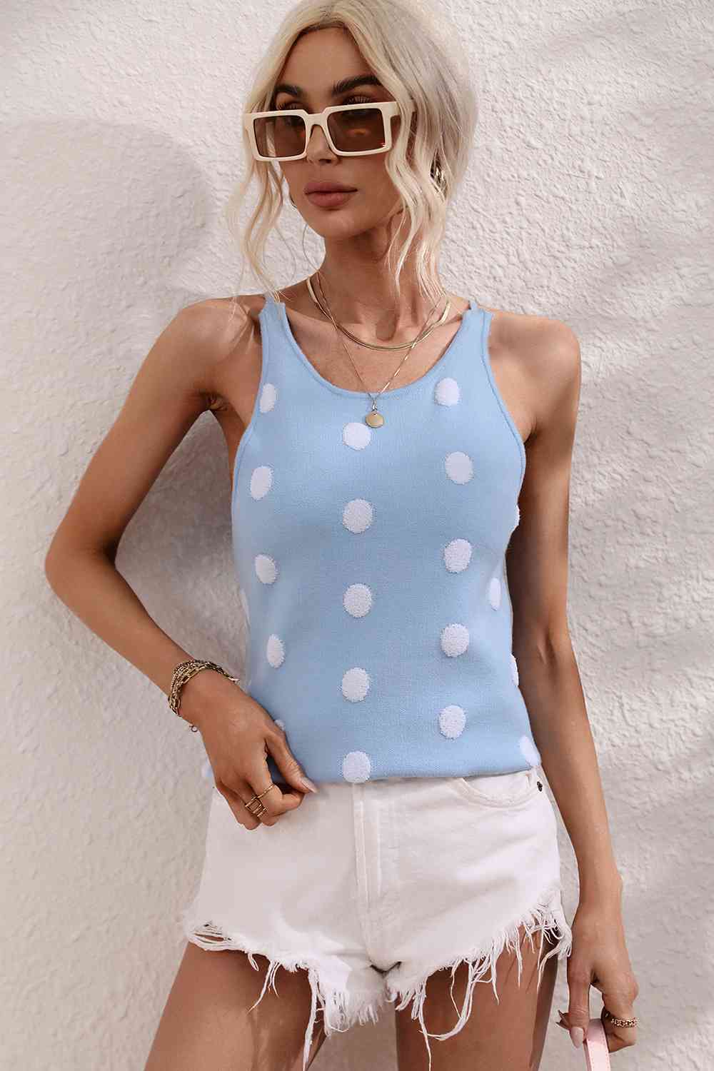 Polka Dot Round Neck Knit Tank BLUE ZONE PLANET