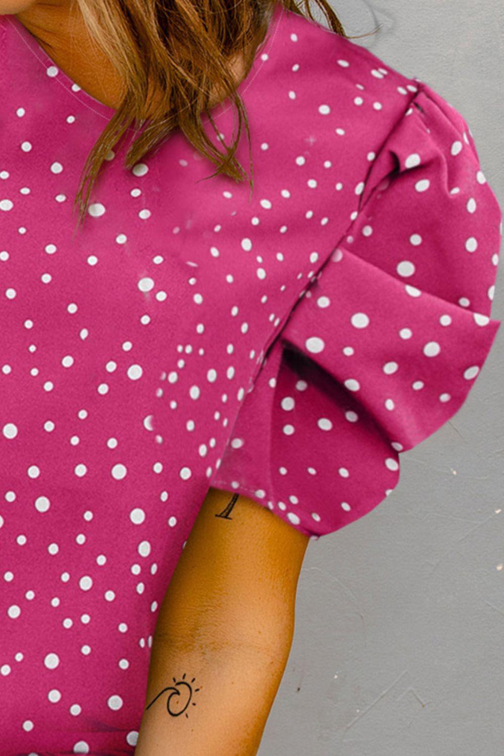 Polka Dot Round Neck Puff Sleeve Blouse BLUE ZONE PLANET
