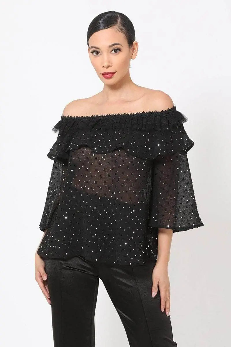 Polka Dot Sheer Off Shoulder Top Blue Zone Planet