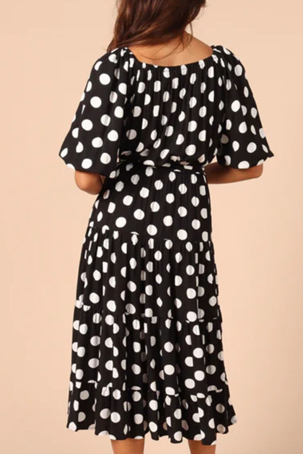 Polka Dot Tie Waist Midi Dress BLUE ZONE PLANET