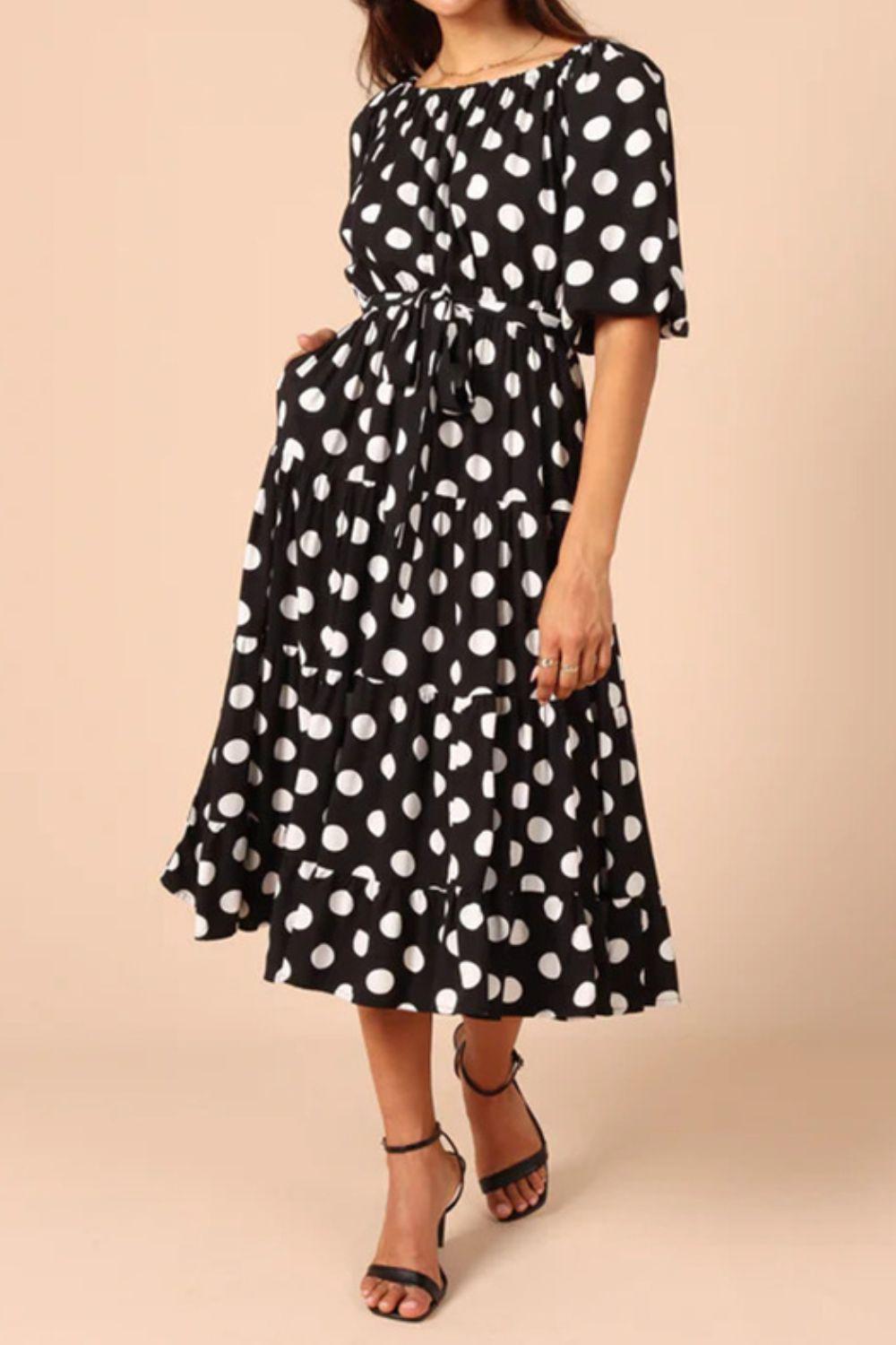 Polka Dot Tie Waist Midi Dress BLUE ZONE PLANET