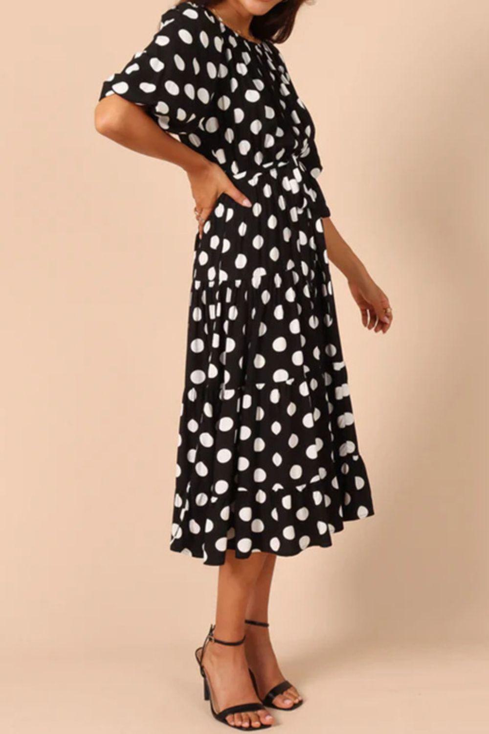 Polka Dot Tie Waist Midi Dress BLUE ZONE PLANET