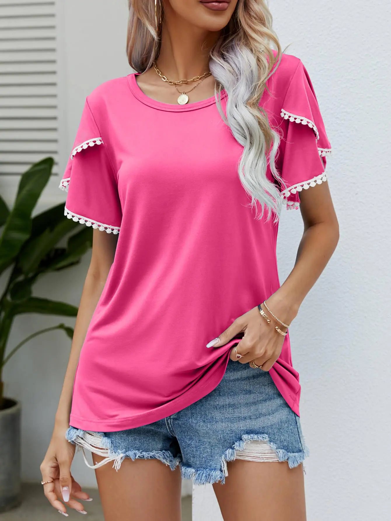 Pom-Pom Trim Flutter Sleeve Round Neck Tee BLUE ZONE PLANET