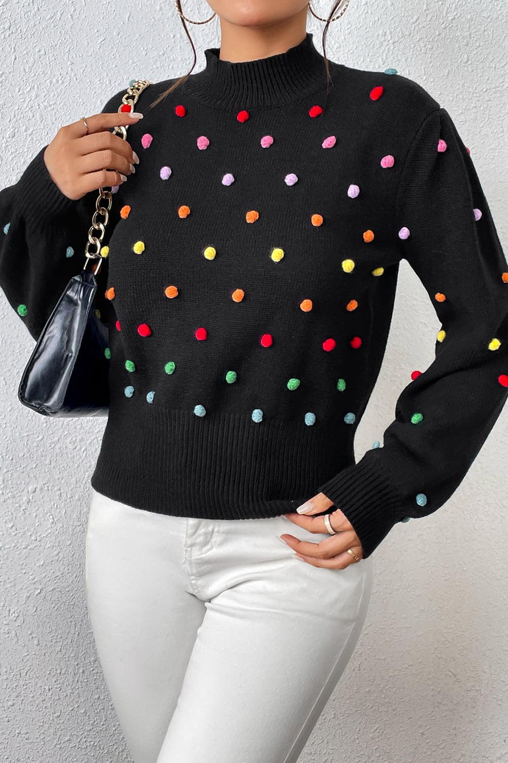 Pom-Pom Trim Mock Neck Long Sleeve Pullover Sweater BLUE ZONE PLANET