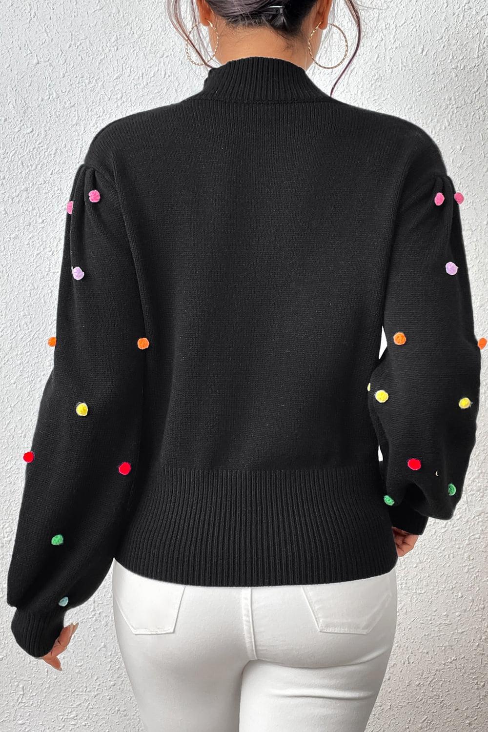 Pom-Pom Trim Mock Neck Long Sleeve Pullover Sweater BLUE ZONE PLANET