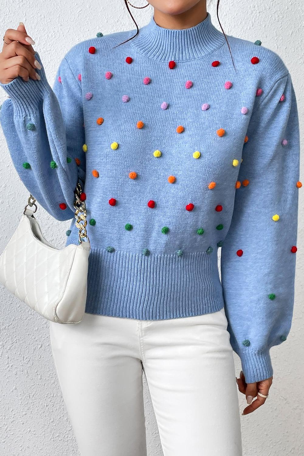 Pom-Pom Trim Mock Neck Long Sleeve Pullover Sweater BLUE ZONE PLANET