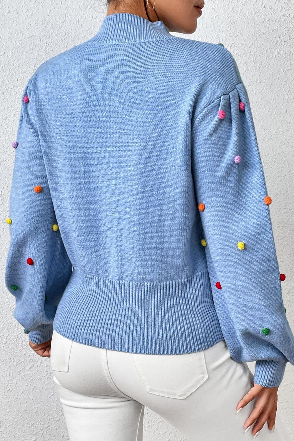 Pom-Pom Trim Mock Neck Long Sleeve Pullover Sweater BLUE ZONE PLANET