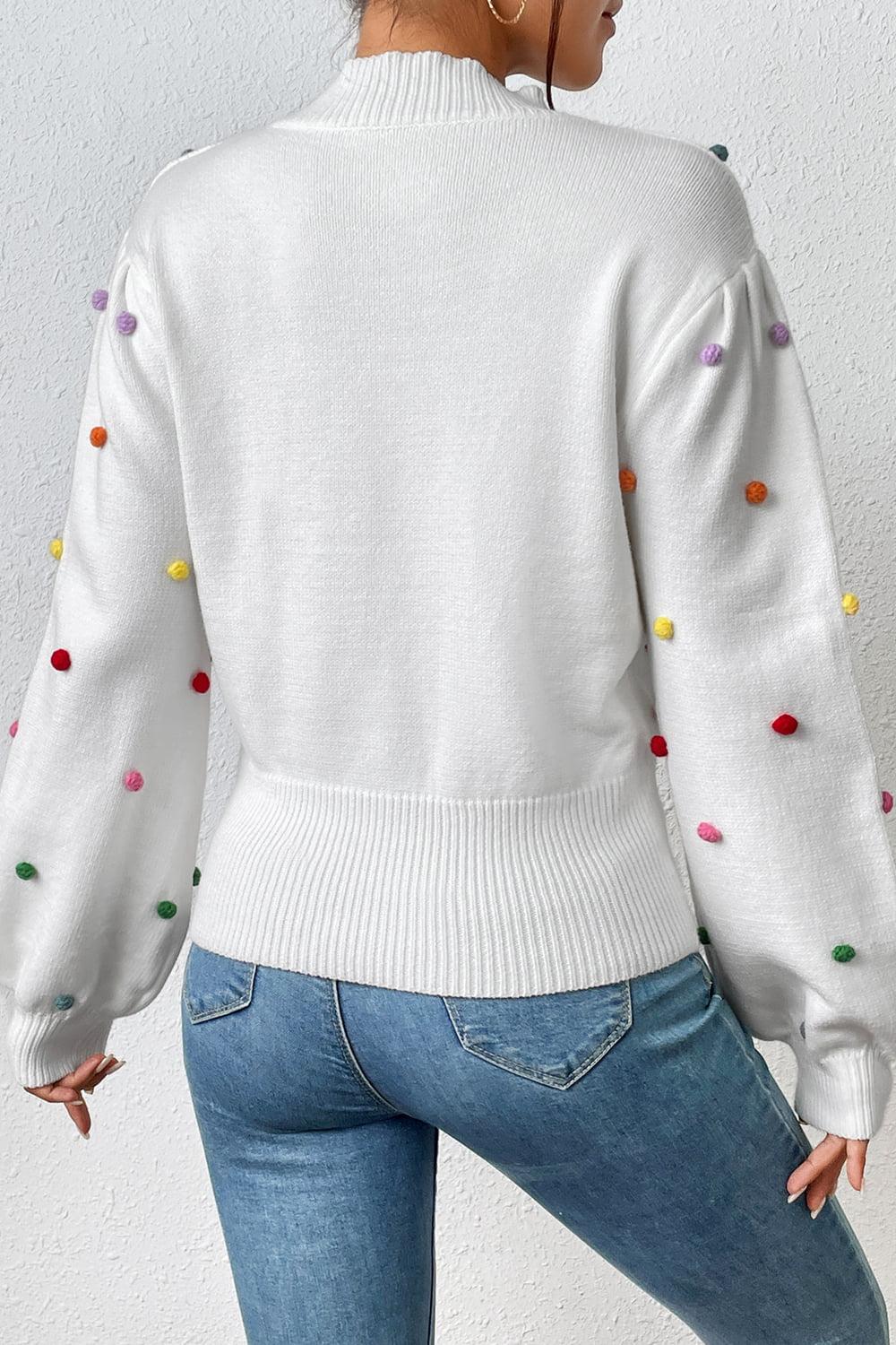 Pom-Pom Trim Mock Neck Long Sleeve Pullover Sweater BLUE ZONE PLANET