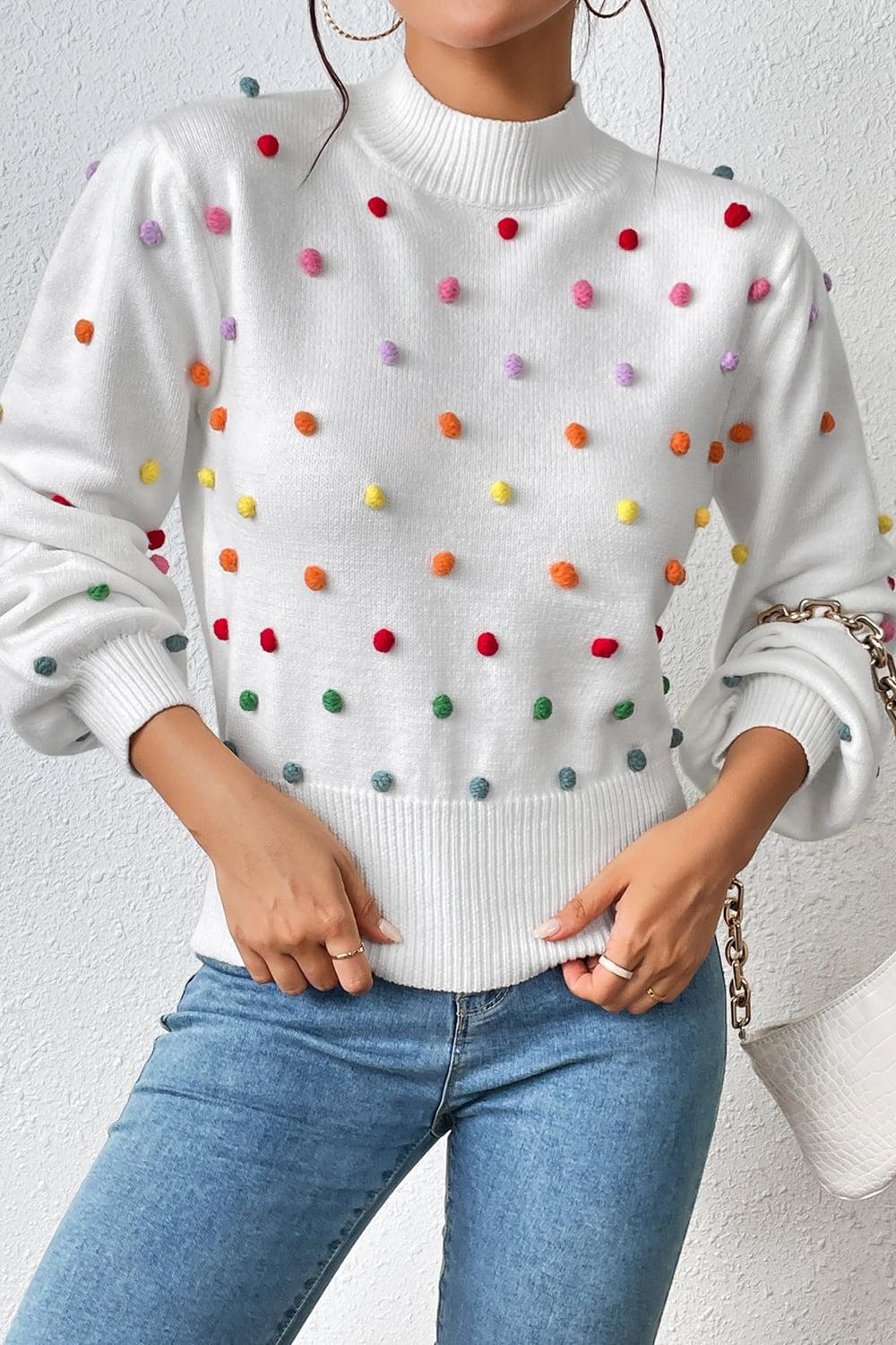 Pom-Pom Trim Mock Neck Long Sleeve Pullover Sweater BLUE ZONE PLANET