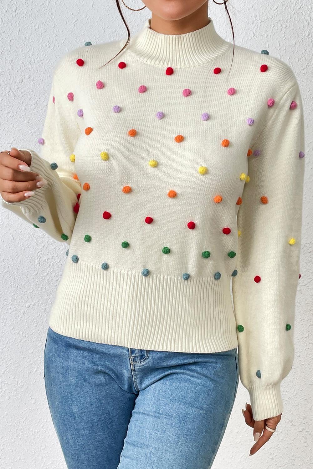 Pom-Pom Trim Mock Neck Long Sleeve Pullover Sweater BLUE ZONE PLANET