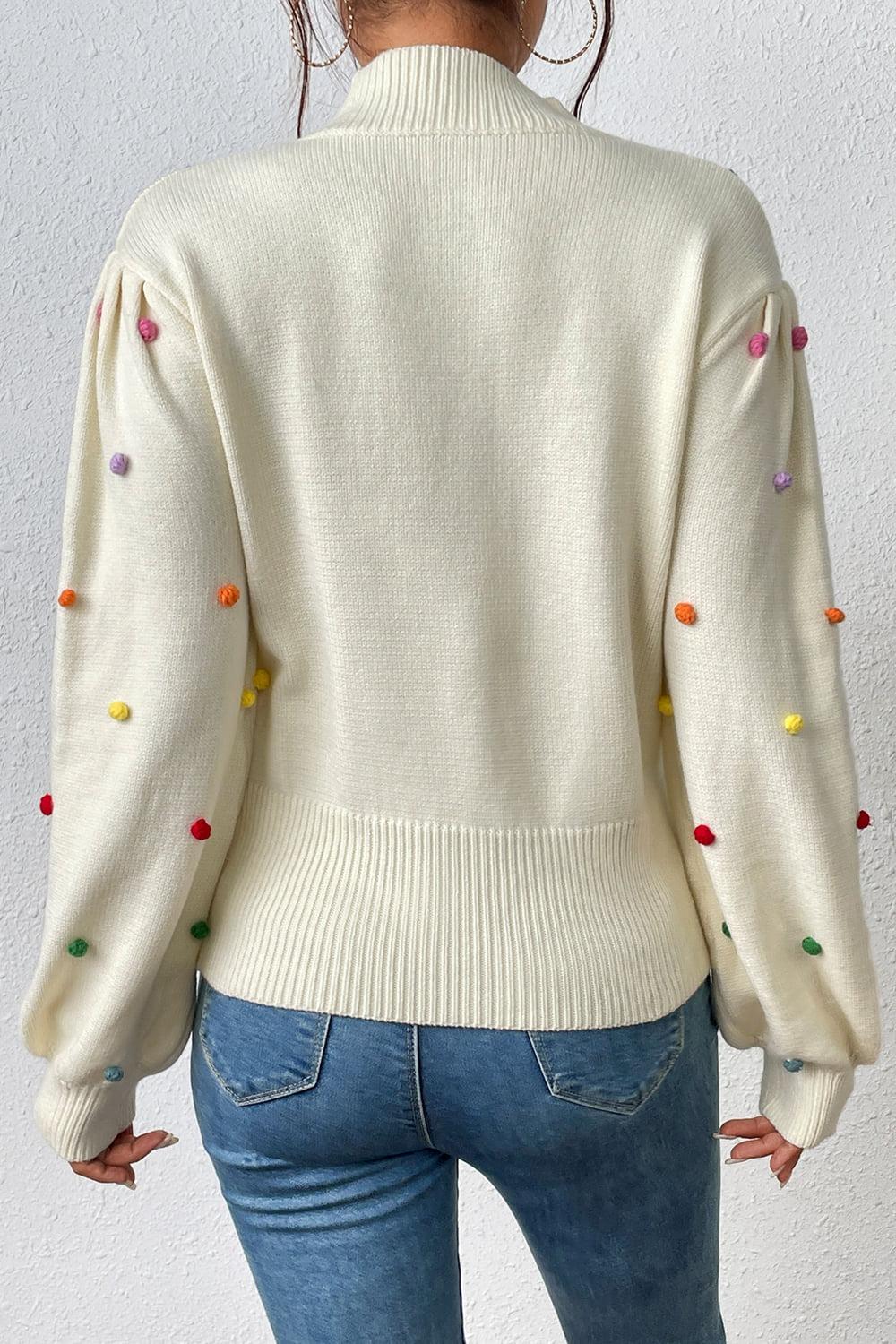 Pom-Pom Trim Mock Neck Long Sleeve Pullover Sweater BLUE ZONE PLANET