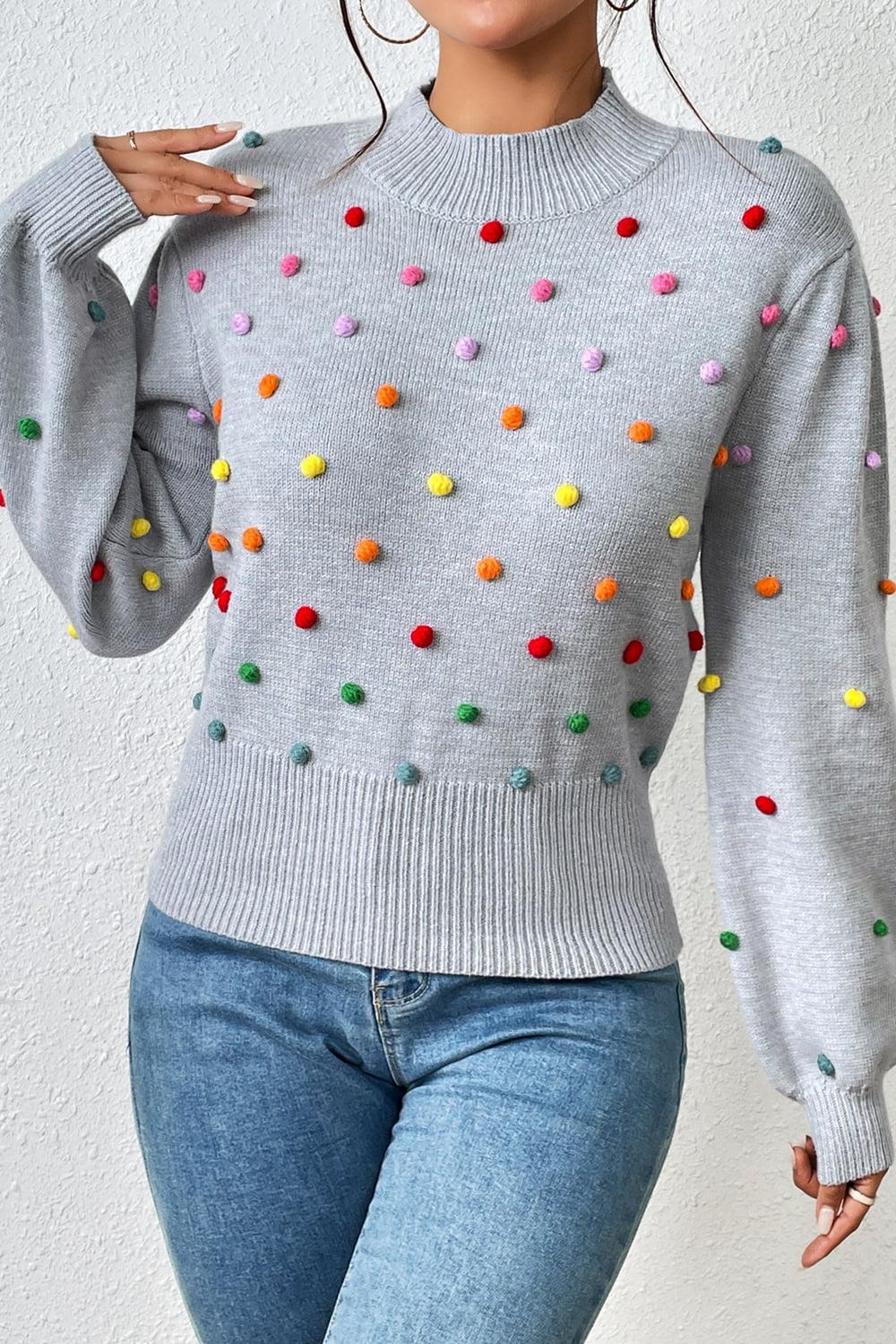 Pom-Pom Trim Mock Neck Long Sleeve Pullover Sweater BLUE ZONE PLANET