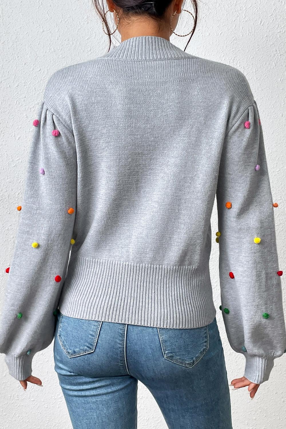 Pom-Pom Trim Mock Neck Long Sleeve Pullover Sweater BLUE ZONE PLANET