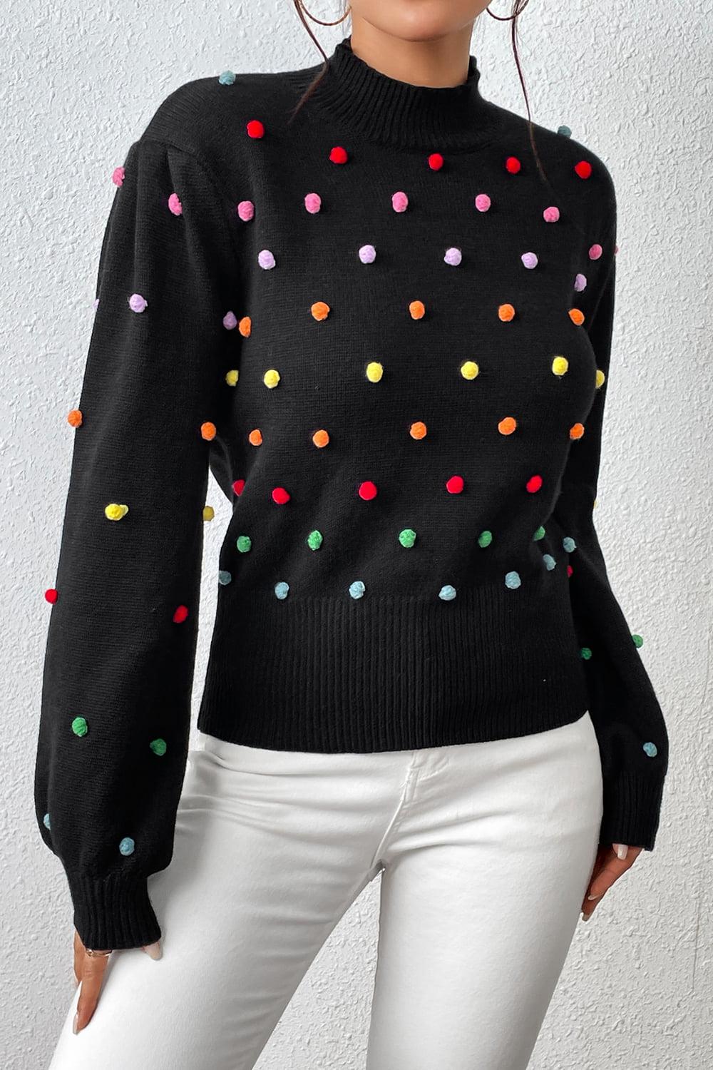 Pom-Pom Trim Mock Neck Long Sleeve Pullover Sweater BLUE ZONE PLANET