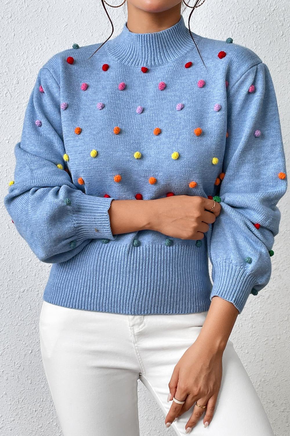 Pom-Pom Trim Mock Neck Long Sleeve Pullover Sweater BLUE ZONE PLANET