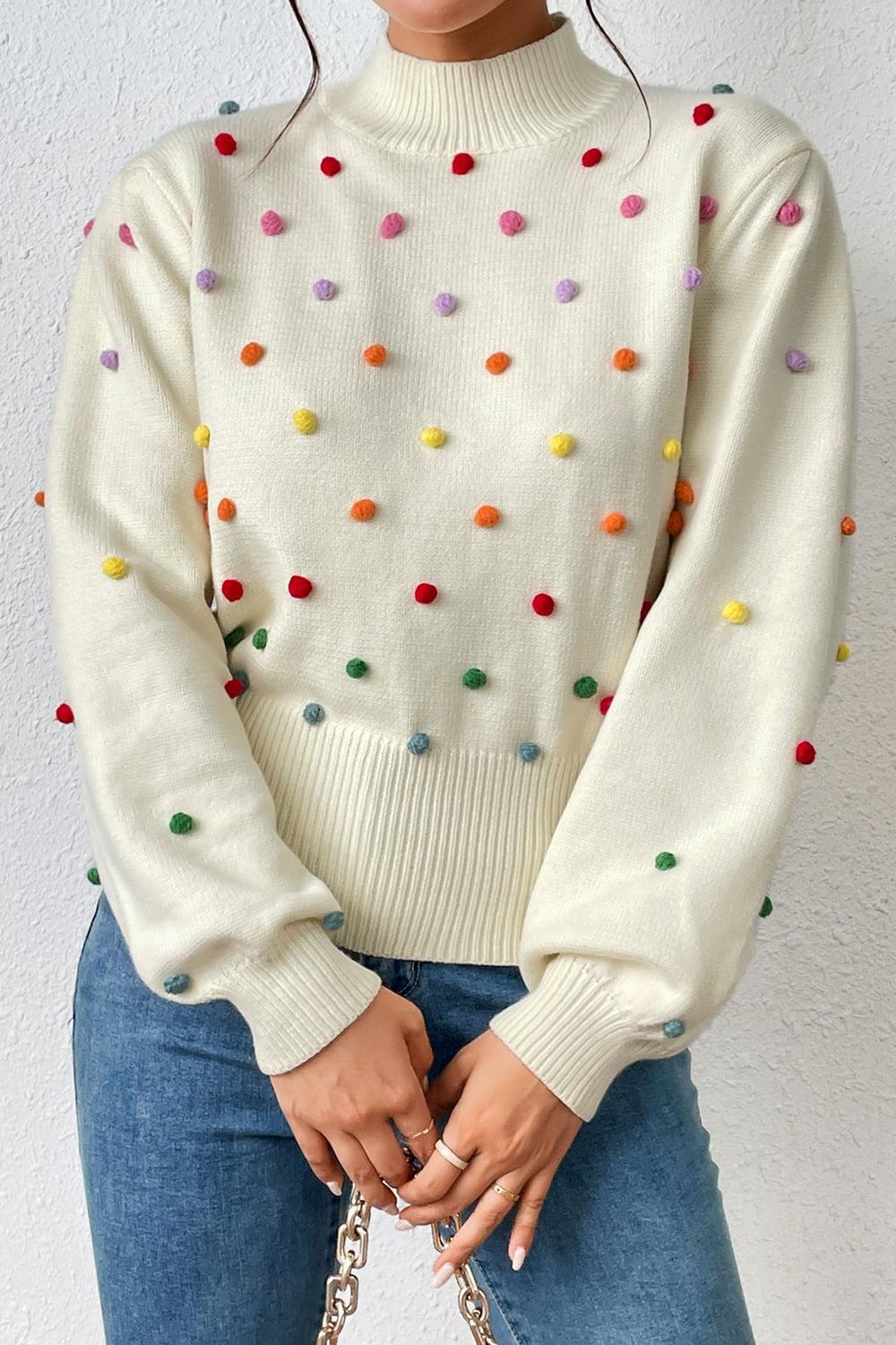 Pom-Pom Trim Mock Neck Long Sleeve Pullover Sweater BLUE ZONE PLANET