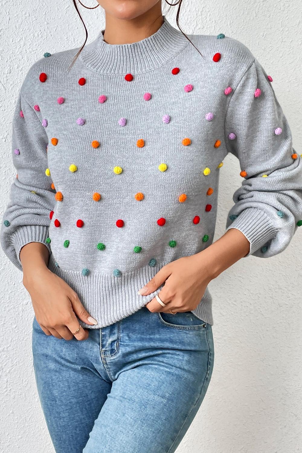 Pom-Pom Trim Mock Neck Long Sleeve Pullover Sweater BLUE ZONE PLANET