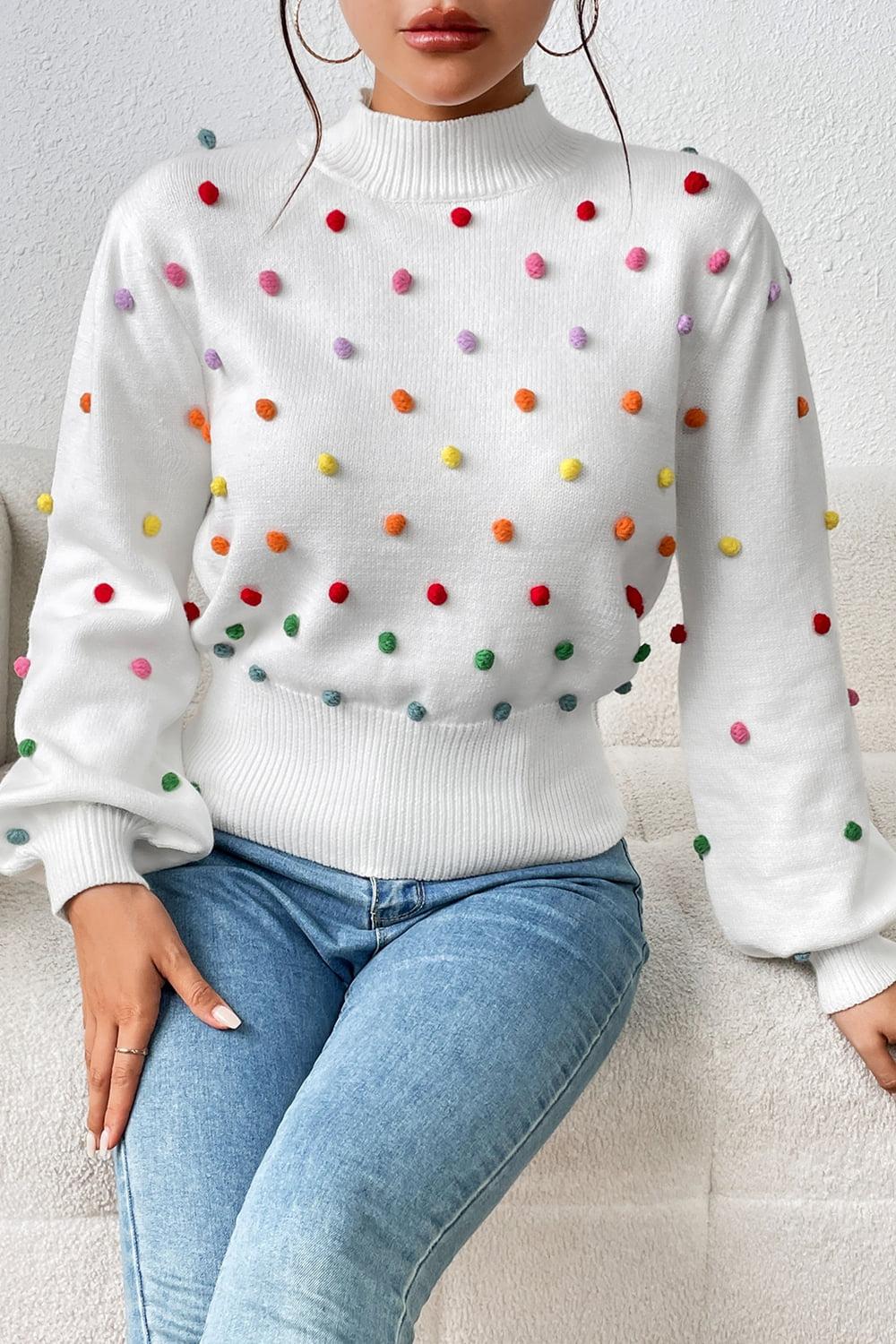 Pom-Pom Trim Mock Neck Long Sleeve Pullover Sweater BLUE ZONE PLANET