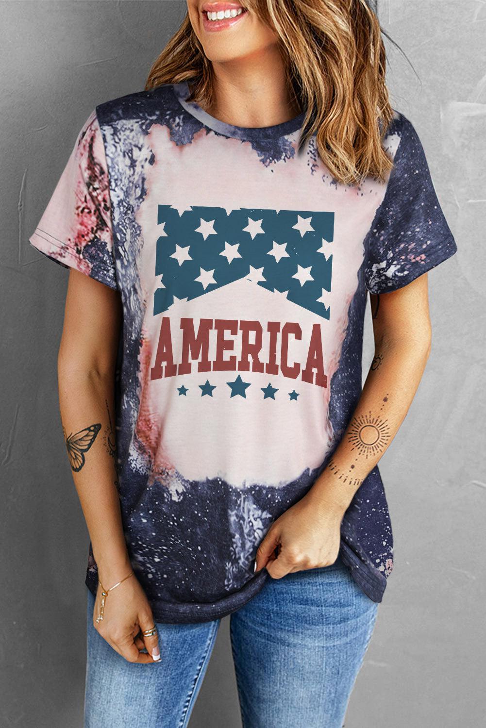Printed AMERICA Graphic Round Neck Short Sleeve Tee BLUE ZONE PLANET