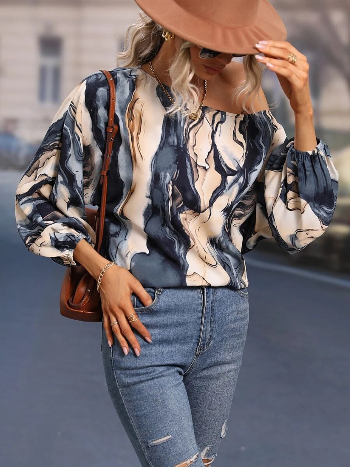 Printed Boat Neck Blouse BLUE ZONE PLANET