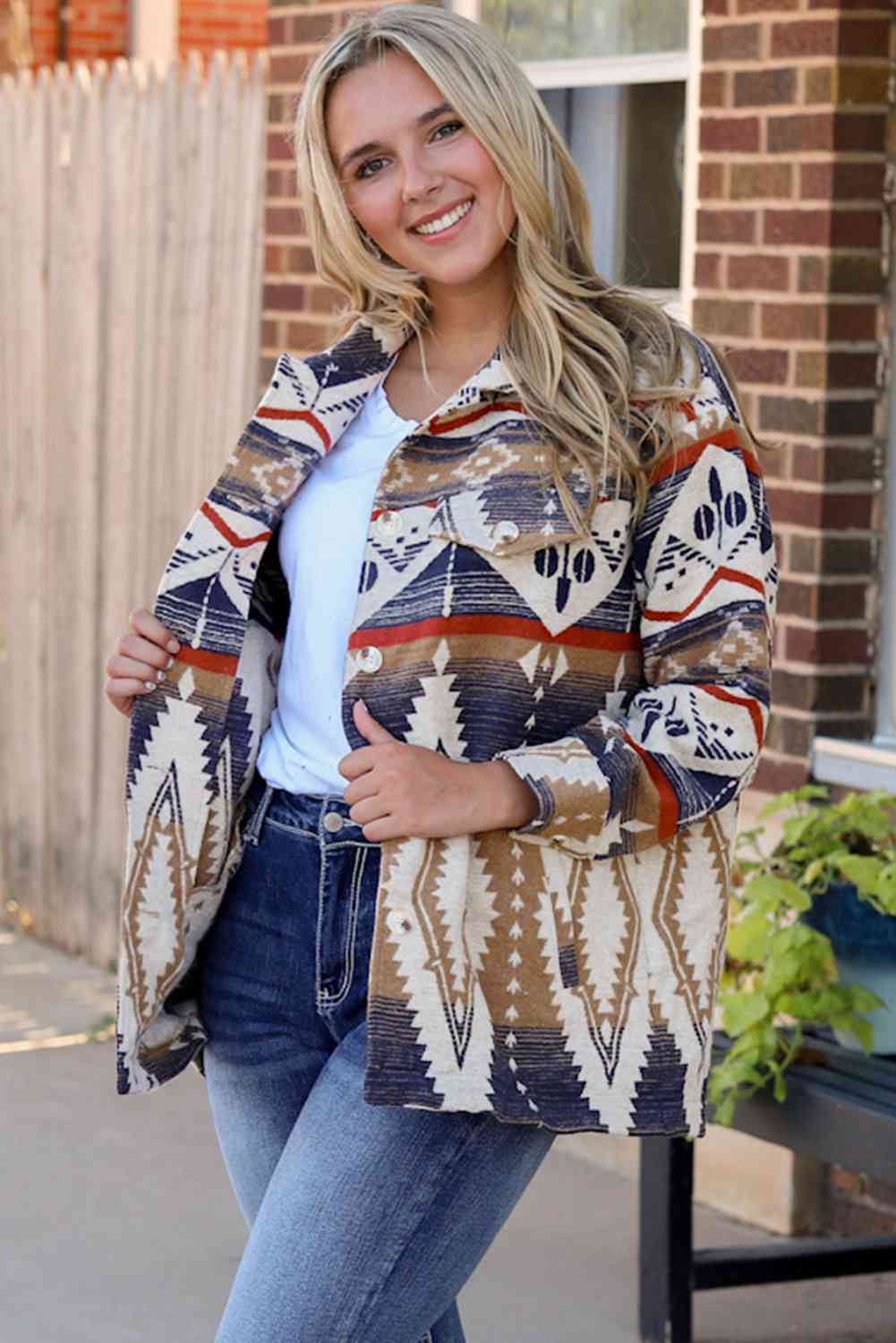 Printed Button Down Collared Jacket BLUE ZONE PLANET