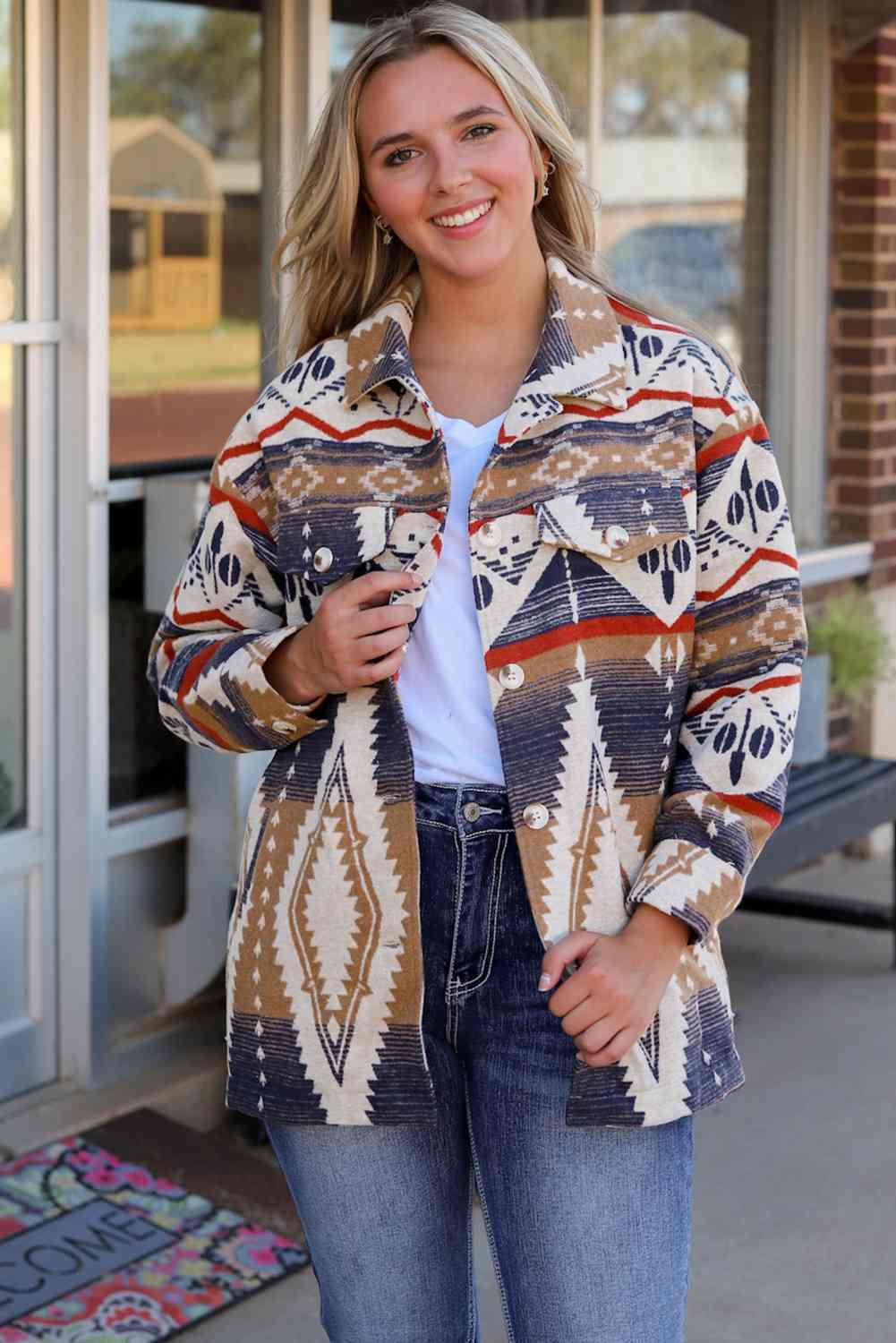 Printed Button Down Collared Jacket BLUE ZONE PLANET