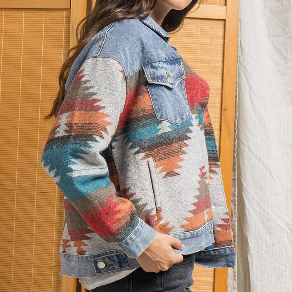 Printed Button Down Denim Shacket BLUE ZONE PLANET