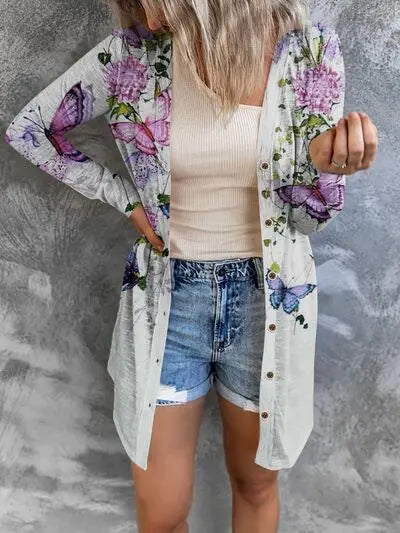 Printed Button Up Long Sleeve Cardigan Trendsi