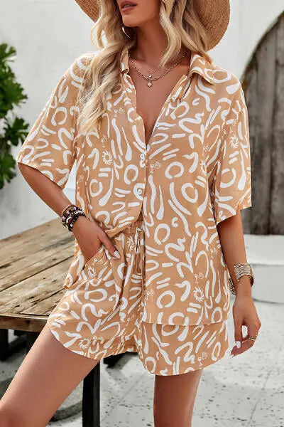 Printed Button Up Shirt and Shorts Set Trendsi