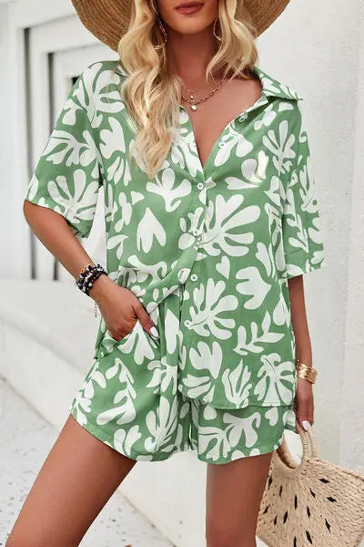 Printed Button Up Shirt and Shorts Set Trendsi