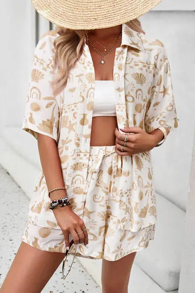 Printed Button Up Shirt and Shorts Set Trendsi