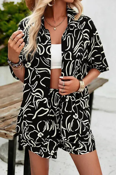 Printed Button Up Shirt and Shorts Set Trendsi