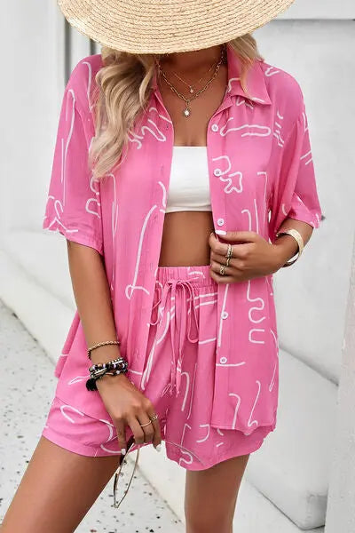 Printed Button Up Shirt and Shorts Set Trendsi